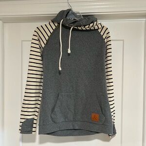 Ampersand Avenue Gray Double Hood Hoodie with Striped Sleeves